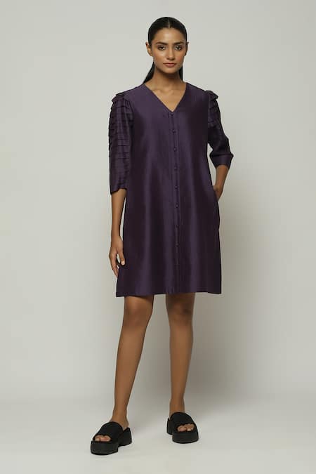 Abraham And Thakore Purple Chanderi V-neck Sleeve Pleated Dress 