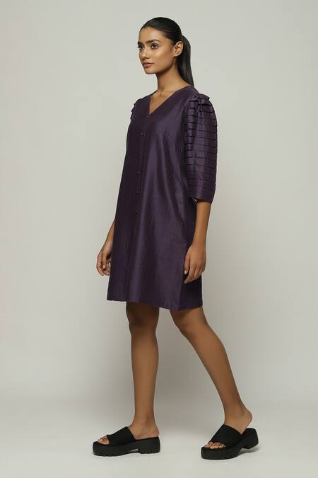 Abraham And Thakore_Purple Chanderi V-neck Sleeve Pleated Dress_Online_at_Aza_Fashions