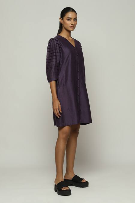 Buy_Abraham And Thakore_Purple Chanderi V-neck Sleeve Pleated Dress_Online_at_Aza_Fashions