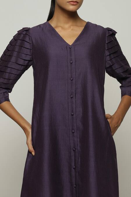Shop_Abraham And Thakore_Purple Chanderi V-neck Sleeve Pleated Dress_Online_at_Aza_Fashions