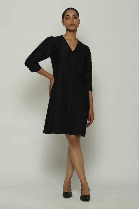 ABRAHAM AND THAKORE Chanderi Pleated Sleeve Dress 