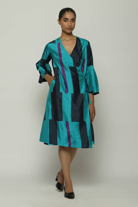 ABRAHAM AND THAKORE Silk Ikat Pattern V Neck Dress 