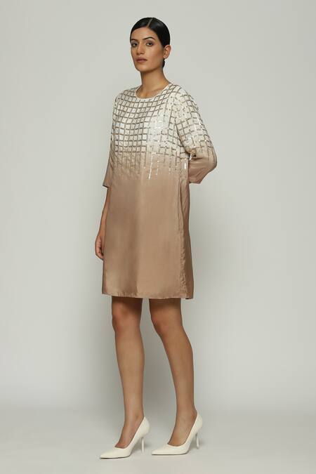 Abraham And Thakore_Brown Silk Sequins Round Neck Checks Embroidered Dress_Online_at_Aza_Fashions