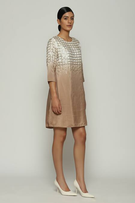Buy_Abraham And Thakore_Brown Silk Sequins Round Neck Checks Embroidered Dress_Online_at_Aza_Fashions