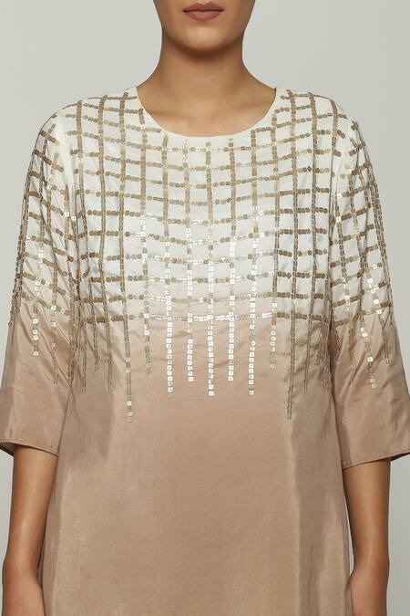 Shop_Abraham And Thakore_Brown Silk Sequins Round Neck Checks Embroidered Dress_Online_at_Aza_Fashions