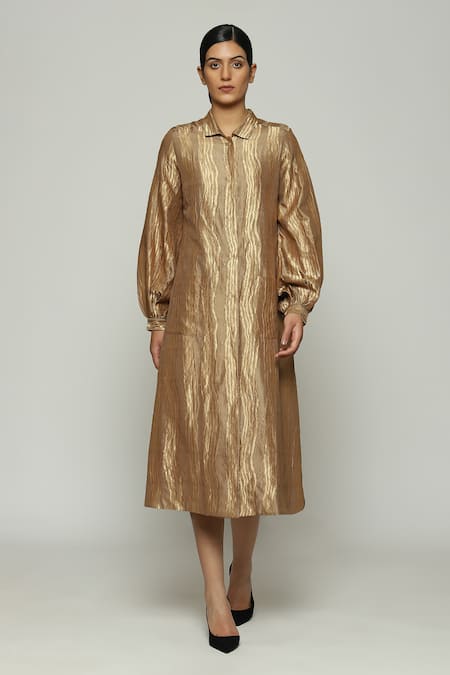 ABRAHAM AND THAKORE Gold Silk Tribal Lines Spread Collar Pattern Shirt Dress 