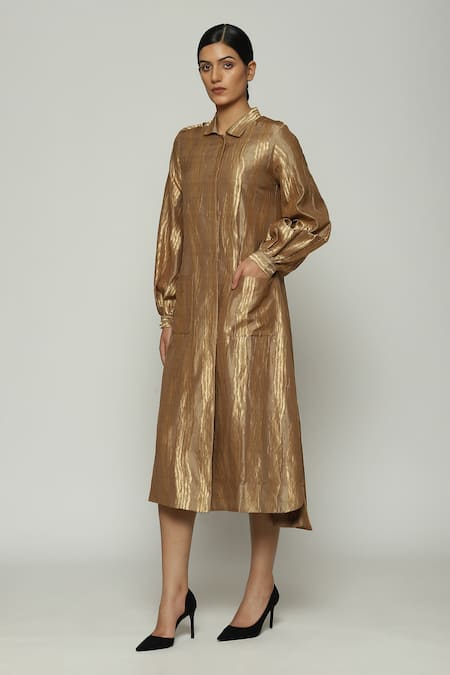 Abraham And Thakore Gold Silk Collared Tribal Lines Pattern Shirt Dress Online at Aza Fashions Abraham And Thakore_Gold Silk Collared Tribal Lines Pattern Shirt Dress_Online_at_Aza_Fashions