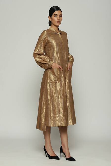 Buy Abraham And Thakore Gold Silk Collared Tribal Lines Pattern Shirt Dress Online at Aza Fashions Buy_Abraham And Thakore_Gold Silk Collared Tribal Lines Pattern Shirt Dress_Online_at_Aza_Fashions