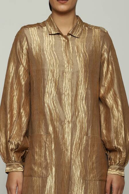Shop Abraham And Thakore Gold Silk Collared Tribal Lines Pattern Shirt Dress Online at Aza Fashions Shop_Abraham And Thakore_Gold Silk Collared Tribal Lines Pattern Shirt Dress_Online_at_Aza_Fashions