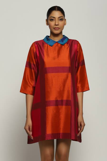 Abraham And Thakore_Red Silk Collared Rothko Ikat Pattern Dress_Online_at_Aza_Fashions