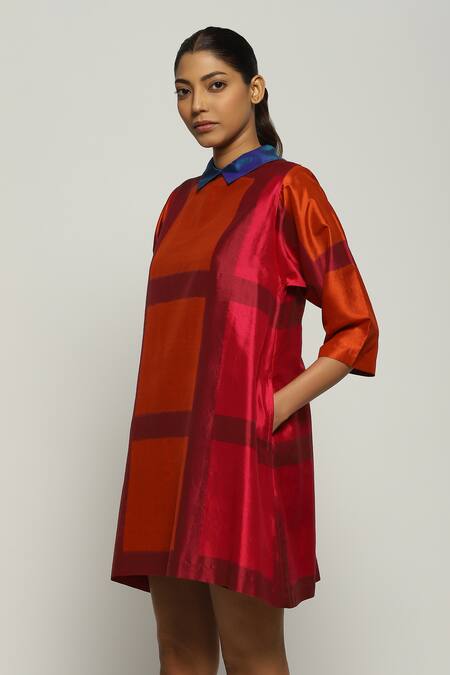 Buy_Abraham And Thakore_Red Silk Collared Rothko Ikat Pattern Dress_Online_at_Aza_Fashions
