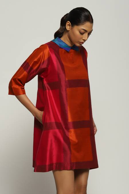 Shop_Abraham And Thakore_Red Silk Collared Rothko Ikat Pattern Dress_Online_at_Aza_Fashions