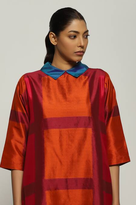 Abraham And Thakore_Red Silk Collared Rothko Ikat Pattern Dress_at_Aza_Fashions
