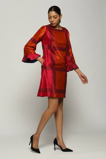 Abraham And Thakore_Red Silk Square Neck Ikat Pattern Dress_Online_at_Aza_Fashions