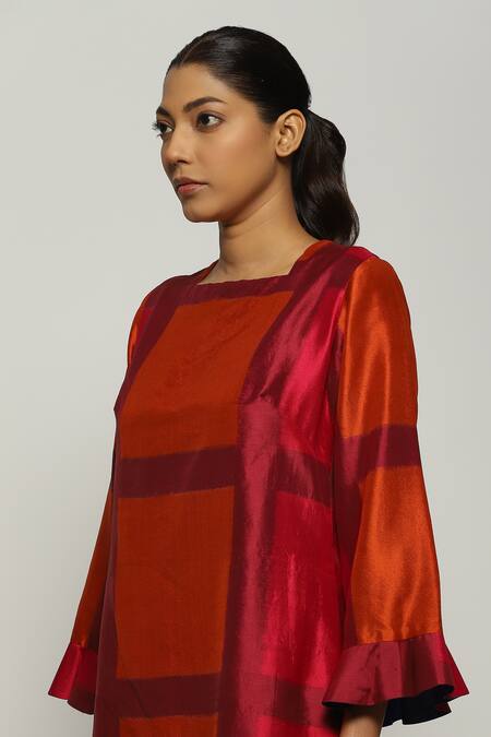 Shop_Abraham And Thakore_Red Silk Square Neck Ikat Pattern Dress_Online_at_Aza_Fashions