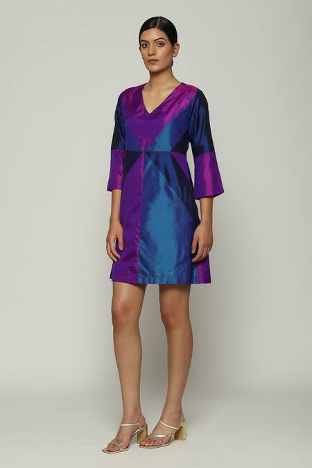 ABRAHAM AND THAKORE_Purple Silk V-neck Patchwork Dress_Online_at_Aza_Fashions