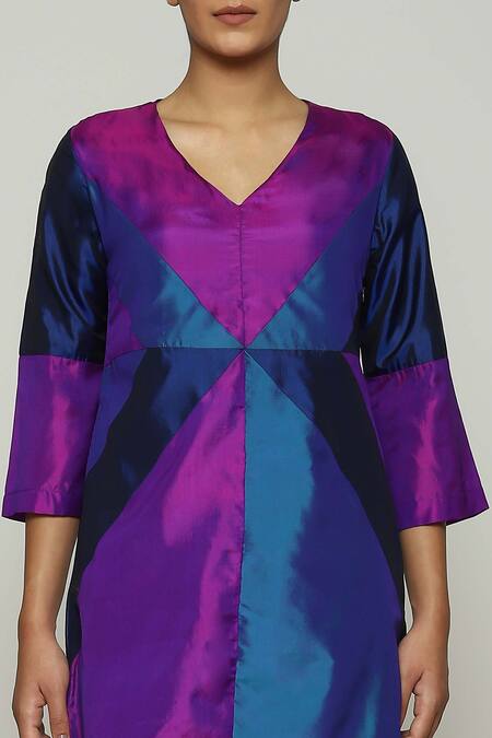 Shop_ABRAHAM AND THAKORE_Purple Silk V-neck Patchwork Dress_Online_at_Aza_Fashions