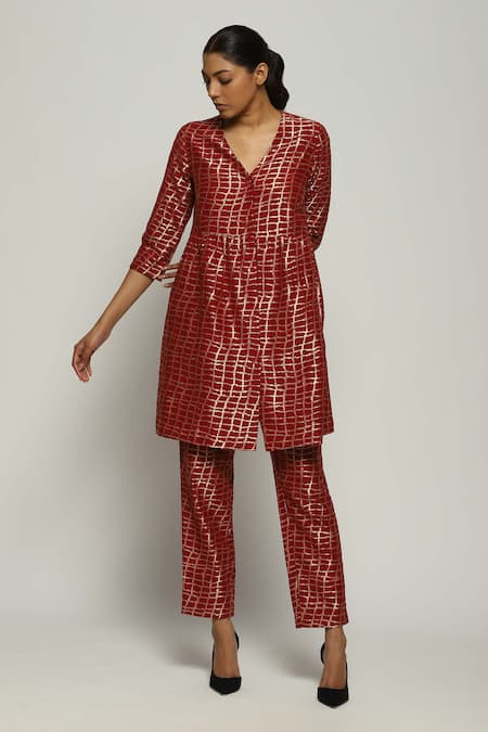 ABRAHAM AND THAKORE Checkered Brocade Woven Dress 