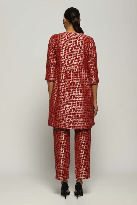 Shop Abraham And Thakore Red Brocade V-neck Checkered Woven Dress at Aza Fashions Shop_Abraham And Thakore_Red Brocade V-neck Checkered Woven Dress_at_Aza_Fashions