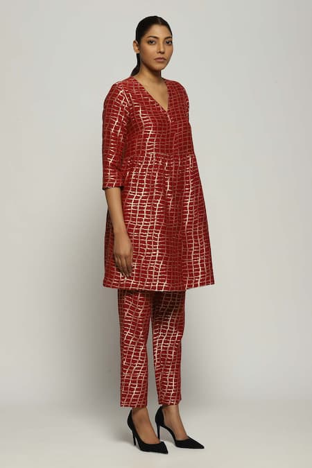 Abraham And Thakore Red Brocade V-neck Checkered Woven Dress Online at Aza Fashions Abraham And Thakore_Red Brocade V-neck Checkered Woven Dress_Online_at_Aza_Fashions