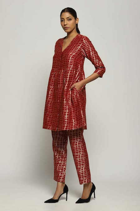 Buy Abraham And Thakore Red Brocade V-neck Checkered Woven Dress Online at Aza Fashions Buy_Abraham And Thakore_Red Brocade V-neck Checkered Woven Dress_Online_at_Aza_Fashions