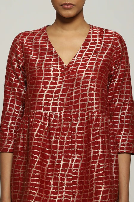 Shop Abraham And Thakore Red Brocade V-neck Checkered Woven Dress Online at Aza Fashions Shop_Abraham And Thakore_Red Brocade V-neck Checkered Woven Dress_Online_at_Aza_Fashions