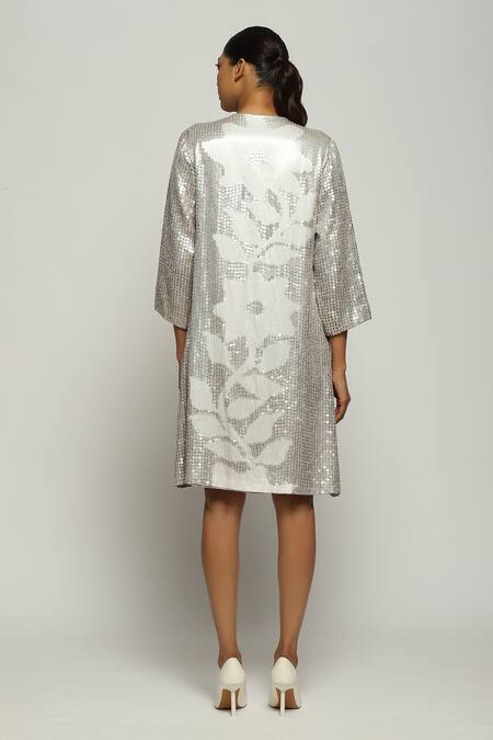 Shop Abraham And Thakore Grey Silk Sequins, Embroidery V-neck Work Jacket at Aza Fashions Shop_Abraham And Thakore_Grey Silk Sequins, Embroidery V-neck Work Jacket_at_Aza_Fashions