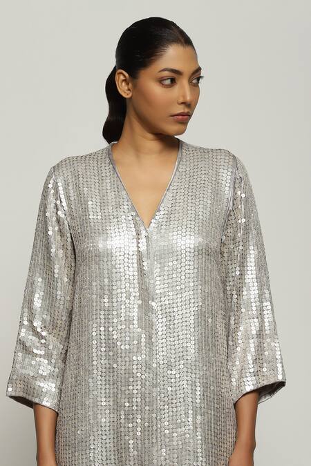 Shop Abraham And Thakore Grey Silk Sequins, Embroidery V-neck Work Jacket Online at Aza Fashions Shop_Abraham And Thakore_Grey Silk Sequins, Embroidery V-neck Work Jacket_Online_at_Aza_Fashions