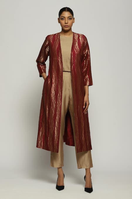 Abraham And Thakore Wine Silk Open Neck Tribal Lines Woven Jacket 