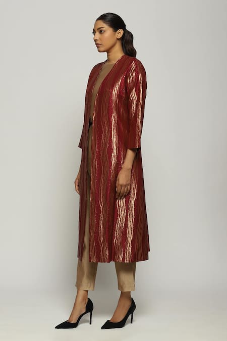 Abraham And Thakore_Wine Silk Open Neck Tribal Lines Woven Jacket_Online_at_Aza_Fashions
