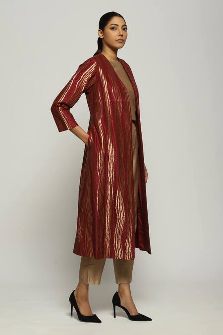 Buy_Abraham And Thakore_Wine Silk Open Neck Tribal Lines Woven Jacket_Online_at_Aza_Fashions