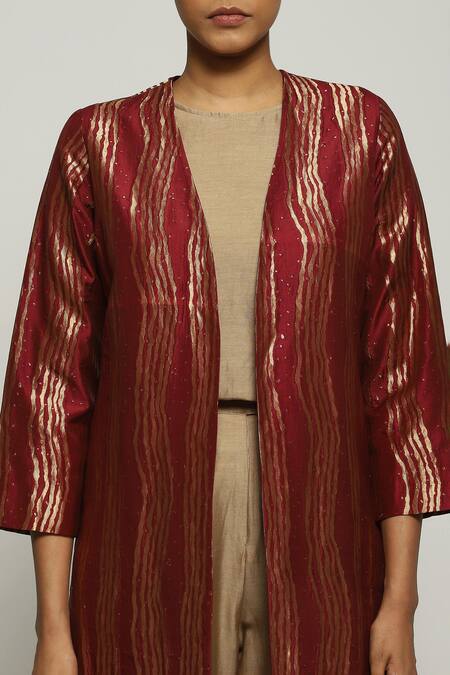 Shop_Abraham And Thakore_Wine Silk Open Neck Tribal Lines Woven Jacket_Online_at_Aza_Fashions