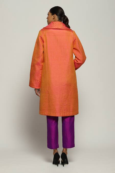 Shop Abraham And Thakore Orange Silk Shawl Neck Quilted Jacket at Aza Fashions Shop_Abraham And Thakore_Orange Silk Shawl Neck Quilted Jacket_at_Aza_Fashions