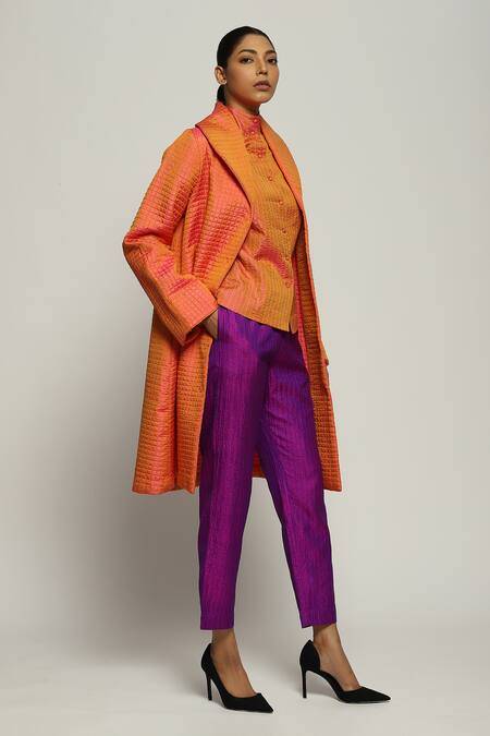 Abraham And Thakore Orange Silk Shawl Neck Quilted Jacket Online at Aza Fashions Abraham And Thakore_Orange Silk Shawl Neck Quilted Jacket_Online_at_Aza_Fashions