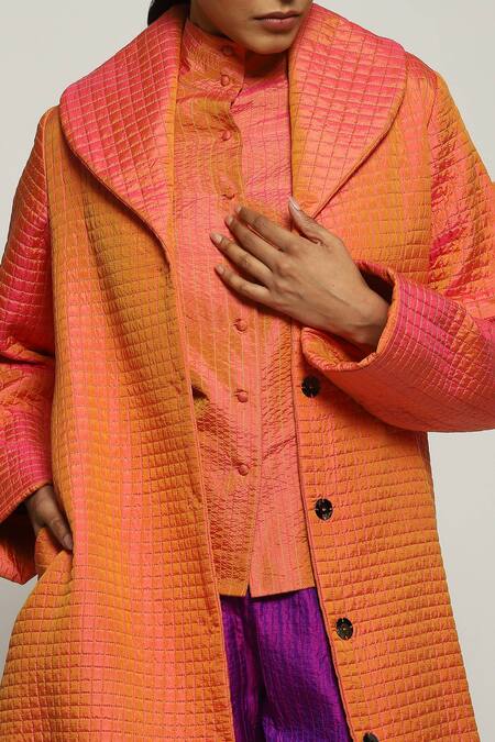 Shop Abraham And Thakore Orange Silk Shawl Neck Quilted Jacket Online at Aza Fashions Shop_Abraham And Thakore_Orange Silk Shawl Neck Quilted Jacket_Online_at_Aza_Fashions
