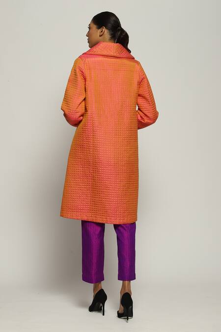 Abraham And Thakore Orange Silk Shawl Neck Quilted Jacket at Aza Fashions Abraham And Thakore_Orange Silk Shawl Neck Quilted Jacket_at_Aza_Fashions
