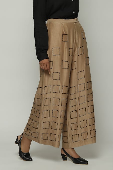 Abraham And Thakore_Brown Chanderi Beads Palazzo_Online_at_Aza_Fashions