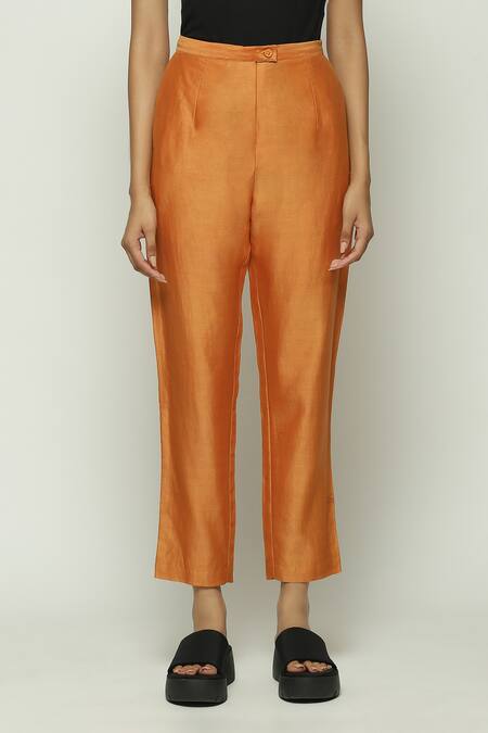 Shop_Abraham And Thakore_Orange Chanderi Tapered Pant _at_Aza_Fashions