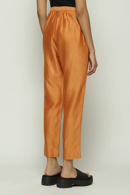 Abraham And Thakore_Orange Chanderi Tapered Pant _Online_at_Aza_Fashions