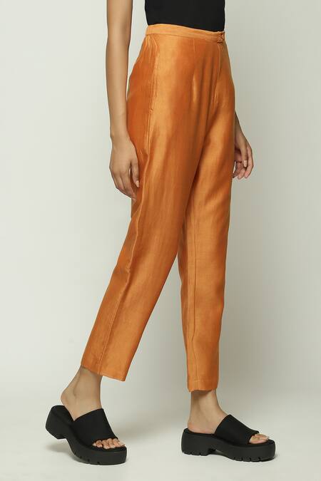 Abraham And Thakore_Orange Chanderi Tapered Pant _at_Aza_Fashions