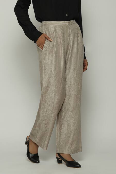 Abraham And Thakore_Grey Silk Trouser_Online_at_Aza_Fashions