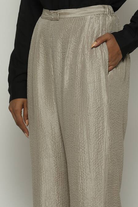 Abraham And Thakore_Grey Silk Trouser_at_Aza_Fashions