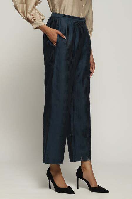 Abraham And Thakore_Blue Silk Straight Fit Pant_Online_at_Aza_Fashions