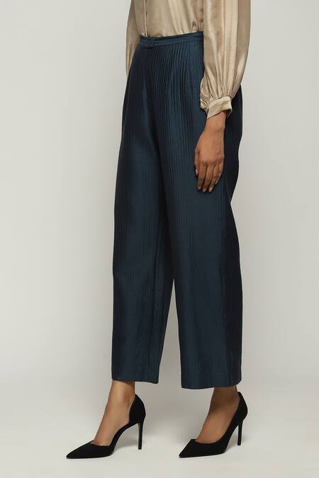 Buy_Abraham And Thakore_Blue Silk Straight Fit Pant_Online_at_Aza_Fashions