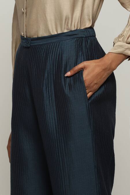 Shop_Abraham And Thakore_Blue Silk Straight Fit Pant_Online_at_Aza_Fashions