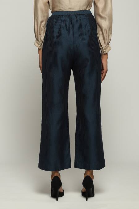 Abraham And Thakore_Blue Silk Straight Fit Pant_at_Aza_Fashions