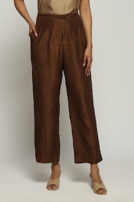 Shop Abraham And Thakore Brown Silk Straight Fit Plain Pant at Aza Fashions Shop_Abraham And Thakore_Brown Silk Straight Fit Plain Pant _at_Aza_Fashions