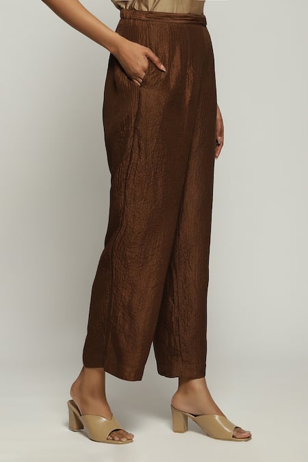 Abraham And Thakore Brown Silk Straight Fit Plain Pant Online at Aza Fashions Abraham And Thakore_Brown Silk Straight Fit Plain Pant _Online_at_Aza_Fashions