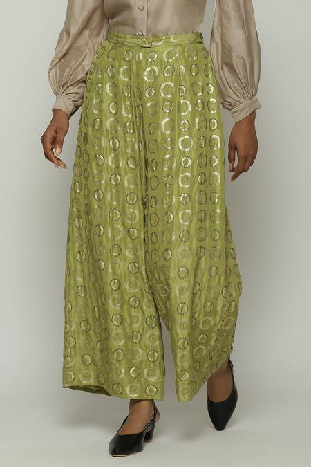 Shop Abraham And Thakore Green Silk Sequins, Beads Circle Print Flared Pant at Aza Fashions Shop_Abraham And Thakore_Green Silk Sequins, Beads Circle Print Flared Pant_at_Aza_Fashions