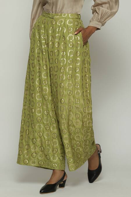 Abraham And Thakore Green Silk Sequins, Beads Circle Print Flared Pant Online at Aza Fashions Abraham And Thakore_Green Silk Sequins, Beads Circle Print Flared Pant_Online_at_Aza_Fashions